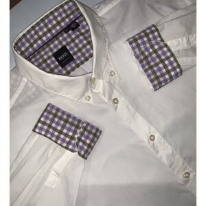 Hugo Boss Button Down Shirt Mens 2XL White Regular Fit Check Purple Collar Cuffs